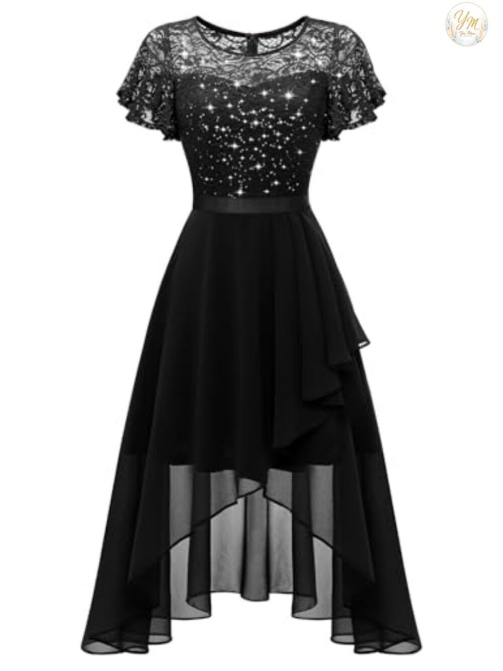 Women's Sequin High Low Formal Dress Flutter Sleeve A-Line Lace Chiffon